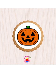 Fertiges Gebäck 6,5 cm mit essbarem Druck - Halloween-Kürbis