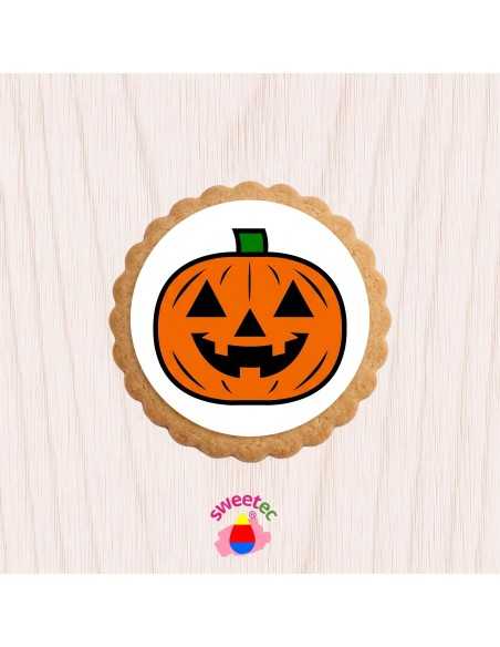 Fertiges Gebäck 6,5 cm mit essbarem Druck - Halloween-Kürbis